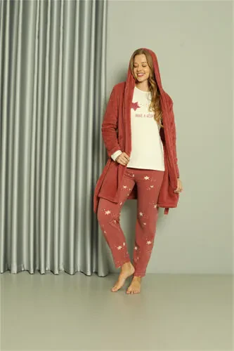 Akbeniz Welsoft Polar Women's 3-Piece Terracotta Pajamas Set 20605 - Modazone (1)