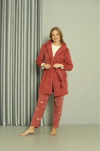 Akbeniz Welsoft Polar Women's 3-Piece Terracotta Pajamas Set 20605 - 9