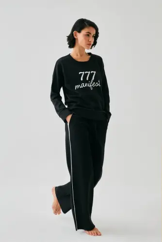 Akbeniz Women Black 777 Manifest Oversize 2 Thread Tracksuit Home Wear Set - 1