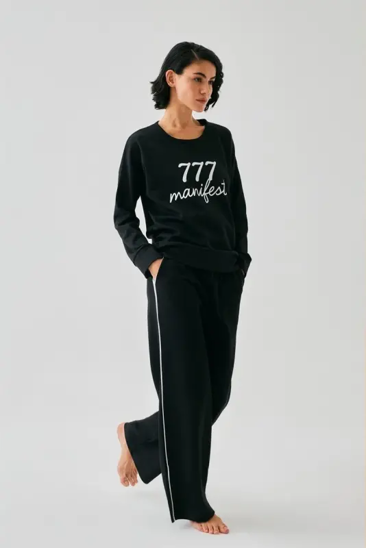 Akbeniz Women Black 777 Manifest Oversize 2 Thread Tracksuit Home Wear Set - 1