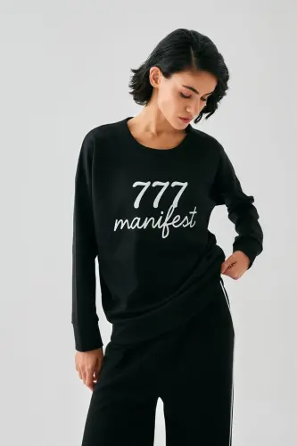 Akbeniz Women Black 777 Manifest Oversize 2 Thread Tracksuit Home Wear Set - 4