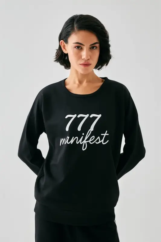 Akbeniz Women Black 777 Manifest Oversize 2 Thread Tracksuit Home Wear Set - 5