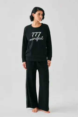 Akbeniz Women Black 777 Manifest Oversize 2 Thread Tracksuit Home Wear Set - 6