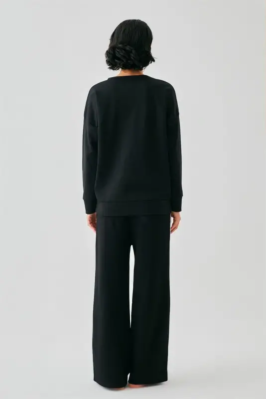 Akbeniz Women Black 777 Manifest Oversize 2 Thread Tracksuit Home Wear Set - 7