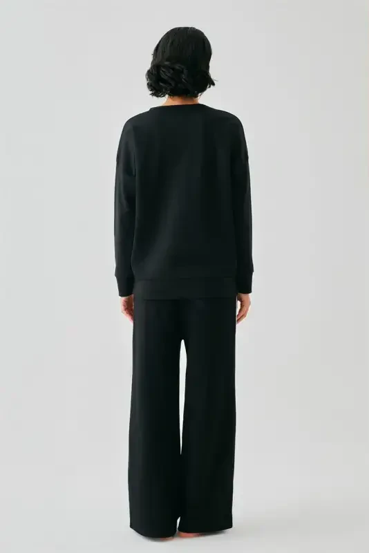 Akbeniz Women Black 777 Manifest Oversize 2 Thread Tracksuit Home Wear Set - 7