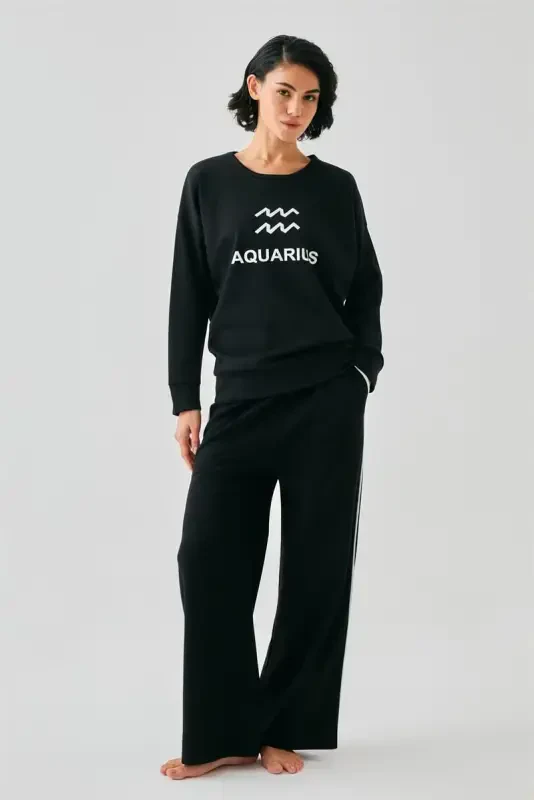 Akbeniz Women Black Aquarius Oversize 2 Thread Tracksuit Home Wear Set - AKBENIZ