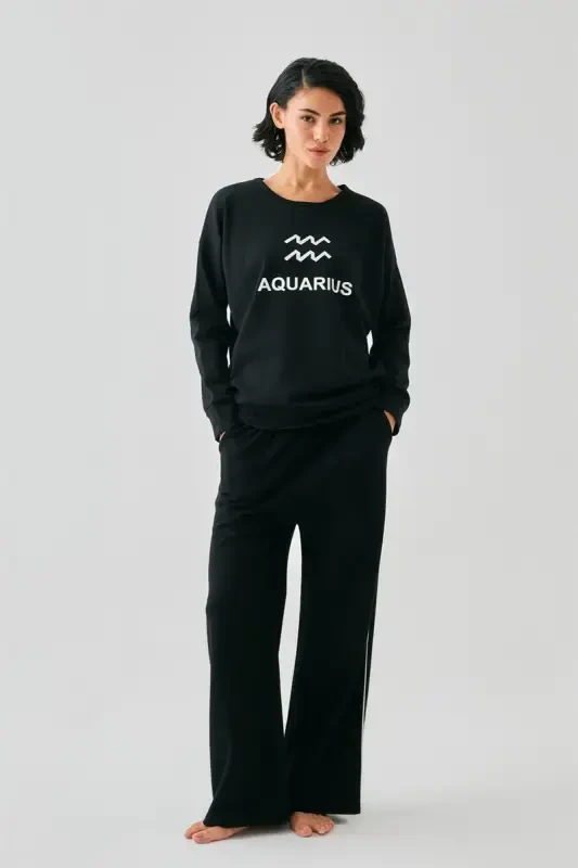 Akbeniz Women Black Aquarius Oversize 2 Thread Tracksuit Home Wear Set - 3