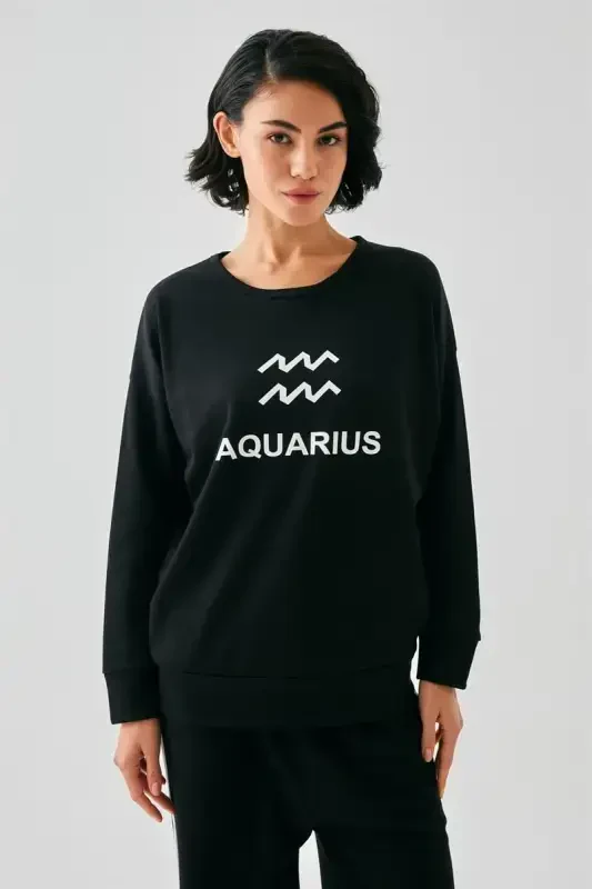 Akbeniz Women Black Aquarius Oversize 2 Thread Tracksuit Home Wear Set - 4