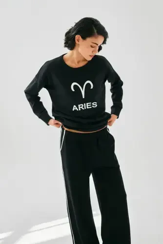 Akbeniz Women Black Aries Oversize 2 Thread Tracksuit Homewear Set 