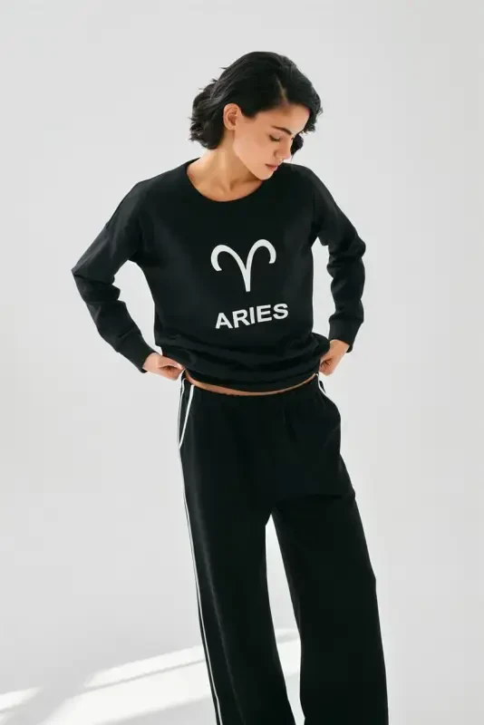 Akbeniz Women Black Aries Oversize 2 Thread Tracksuit Homewear Set - AKBENIZ