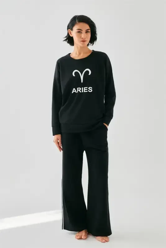 Akbeniz Women Black Aries Oversize 2 Thread Tracksuit Homewear Set - 2
