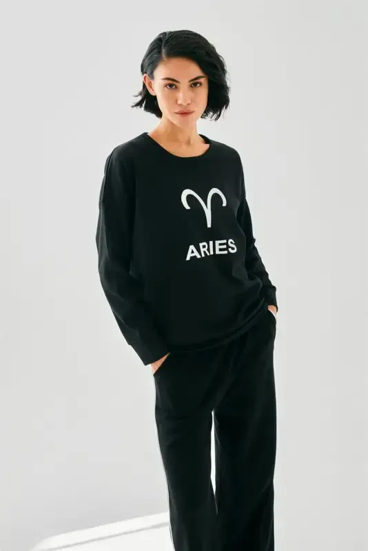 Akbeniz Women Black Aries Oversize 2 Thread Tracksuit Homewear Set - 3