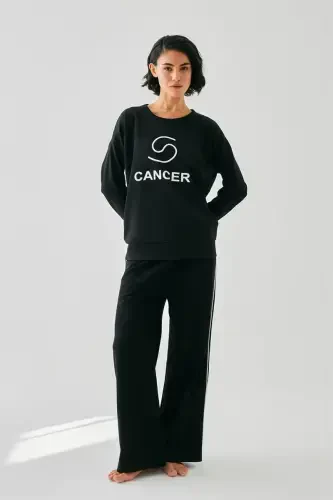 Akbeniz Women Black Cancer Zodiac Oversize 2 Thread Tracksuit Home Wear Set 