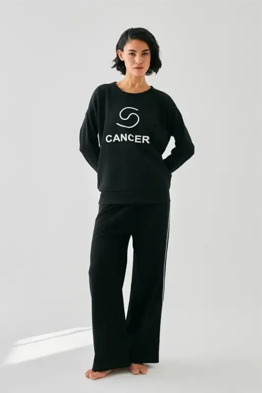 Akbeniz Women Black Cancer Zodiac Oversize 2 Thread Tracksuit Home Wear Set - AKBENIZ