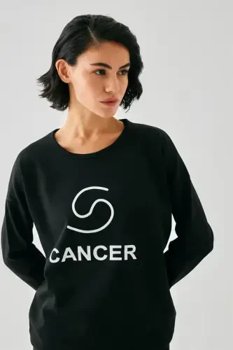 Akbeniz Women Black Cancer Zodiac Oversize 2 Thread Tracksuit Home Wear Set - 2