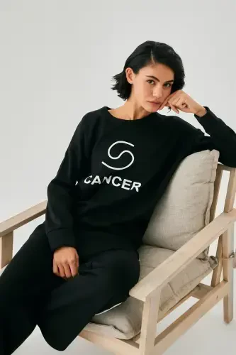 Akbeniz Women Black Cancer Zodiac Oversize 2 Thread Tracksuit Home Wear Set - 3