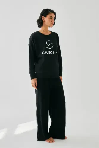 Akbeniz Women Black Cancer Zodiac Oversize 2 Thread Tracksuit Home Wear Set - 4