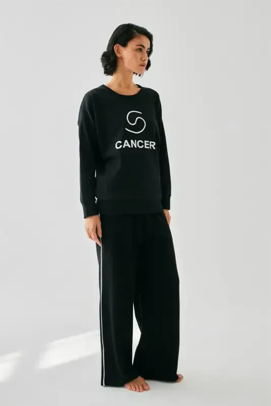 Akbeniz Women Black Cancer Zodiac Oversize 2 Thread Tracksuit Home Wear Set - 4