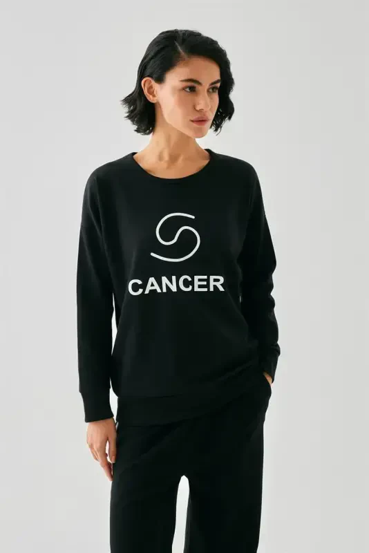 Akbeniz Women Black Cancer Zodiac Oversize 2 Thread Tracksuit Home Wear Set - 5