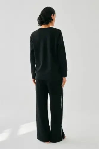 Akbeniz Women Black Cancer Zodiac Oversize 2 Thread Tracksuit Home Wear Set - 6