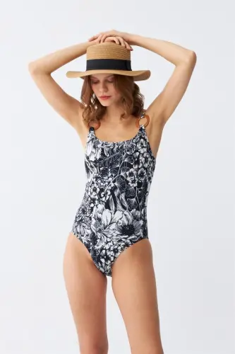 Akbeniz Women Black Floral Pattern Accessory Strap One-Piece Swimsuit - 4