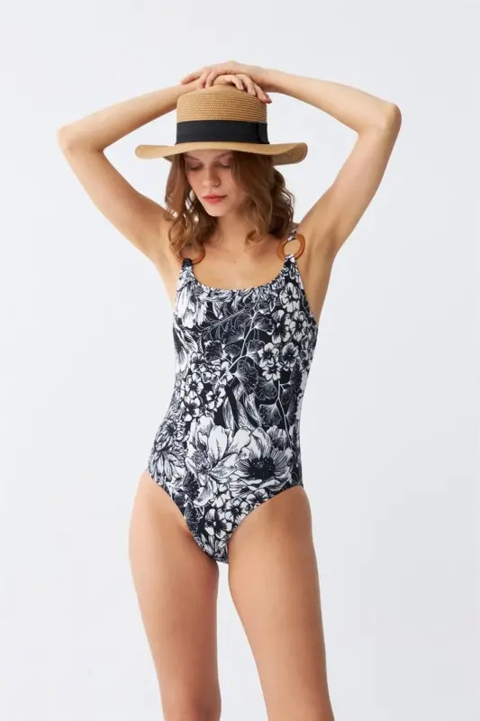 Akbeniz Women Black Floral Pattern Accessory Strap One-Piece Swimsuit - 4