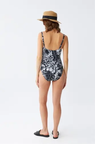 Akbeniz Women Black Floral Pattern Accessory Strap One-Piece Swimsuit - 6