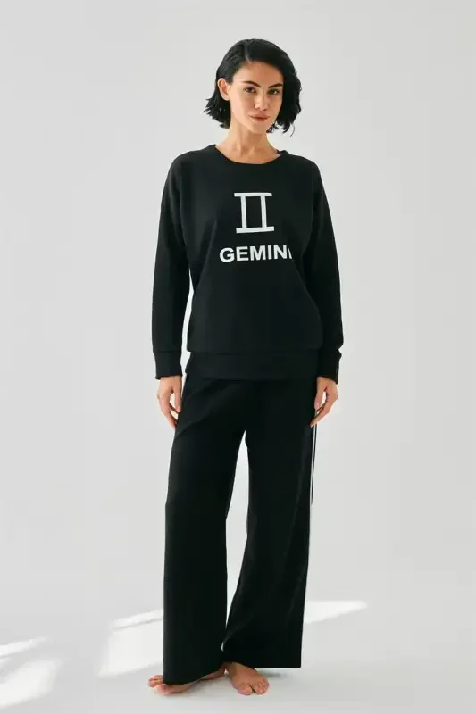 Akbeniz Women Black Gemini Oversize 2 Yarn Tracksuit Home Wear Set - 2