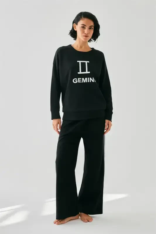 Akbeniz Women Black Gemini Oversize 2 Yarn Tracksuit Home Wear Set - 3
