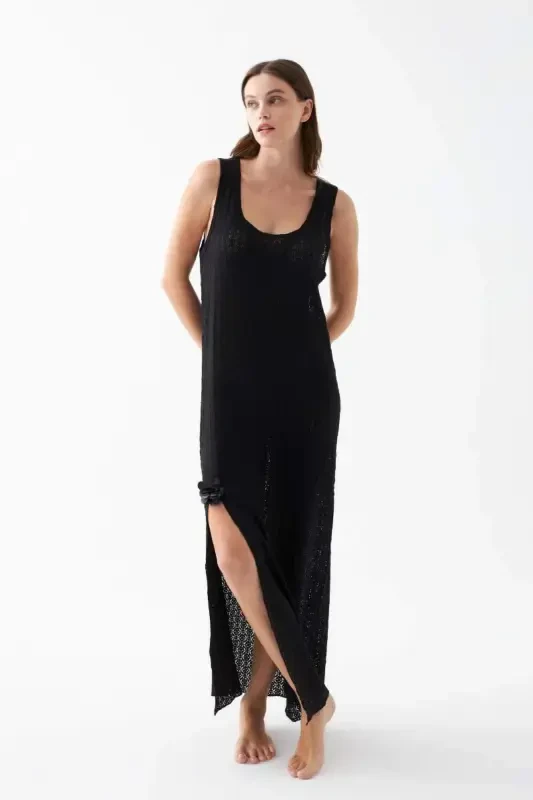 Akbeniz Women Black Lace Textured Slit Long Nightgown - 2