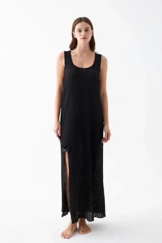 Akbeniz Women Black Lace Textured Slit Long Nightgown - 3