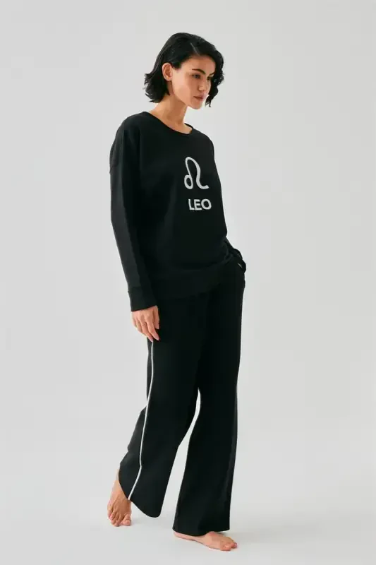 Akbeniz Women Black Leo Oversize 2 Thread Tracksuit Home Wear Set - AKBENIZ