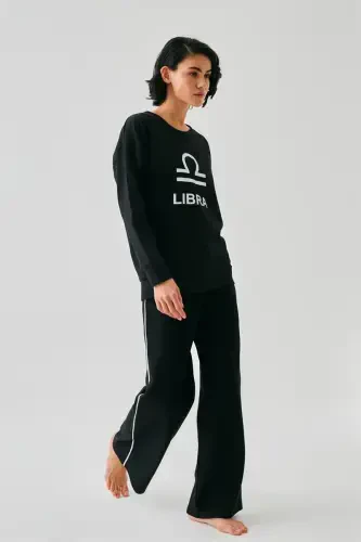 Akbeniz Women Black Libra Zodiac Oversize 2 Thread Tracksuit Home Wear Set 