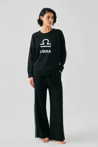 Akbeniz Women Black Libra Zodiac Oversize 2 Thread Tracksuit Home Wear Set - 2