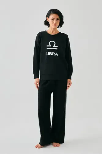 Akbeniz Women Black Libra Zodiac Oversize 2 Thread Tracksuit Home Wear Set - 3