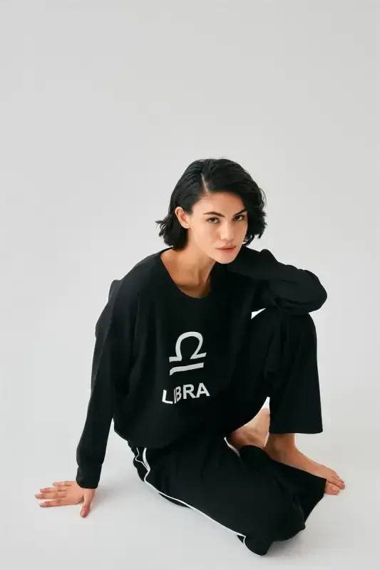 Akbeniz Women Black Libra Zodiac Oversize 2 Thread Tracksuit Home Wear Set - 4