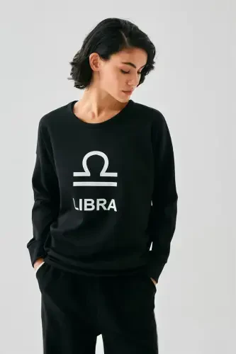 Akbeniz Women Black Libra Zodiac Oversize 2 Thread Tracksuit Home Wear Set - 5