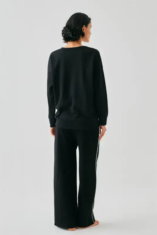 Akbeniz Women Black Libra Zodiac Oversize 2 Thread Tracksuit Home Wear Set - 6