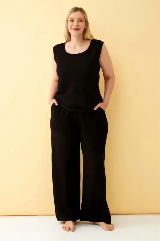 Akbeniz Women Black Linen Jacquard Plus Size Pant Suit - AKBENIZ