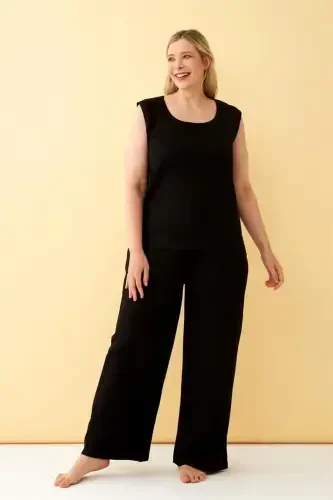 Akbeniz Women Black Linen Jacquard Plus Size Pant Suit - 2