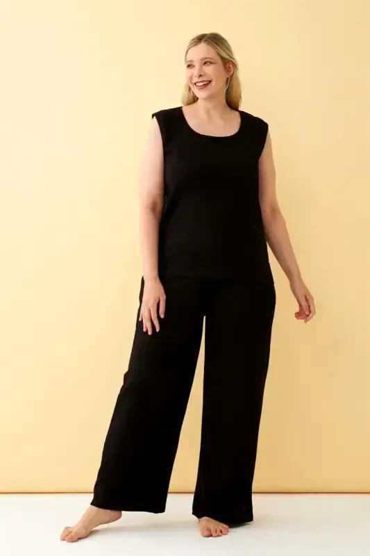 Akbeniz Women Black Linen Jacquard Plus Size Pant Suit - 2