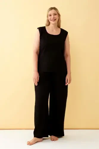 Akbeniz Women Black Linen Jacquard Plus Size Pant Suit - 4