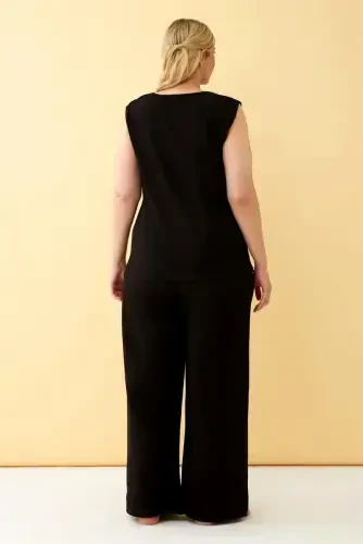 Akbeniz Women Black Linen Jacquard Plus Size Pant Suit - 5