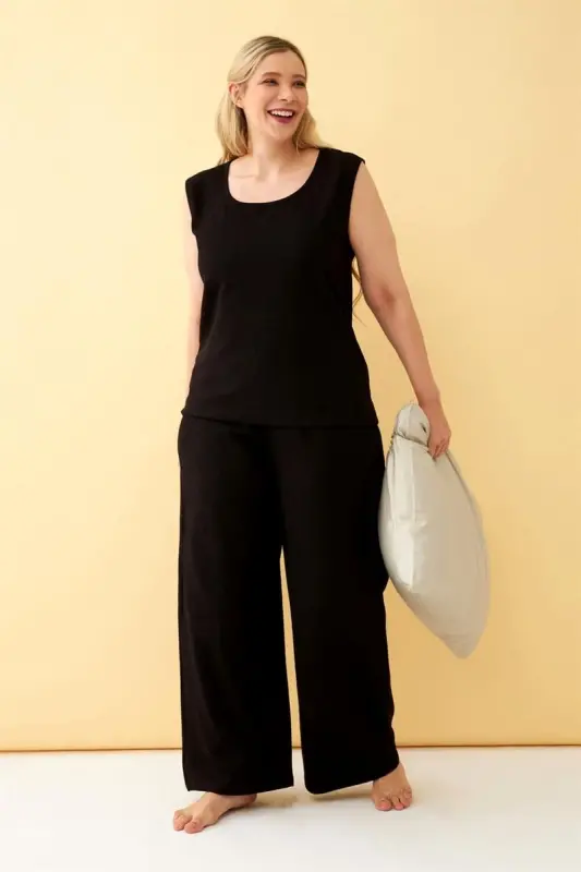 Akbeniz Women Black Linen Jacquard Plus Size Pant Suit - 3