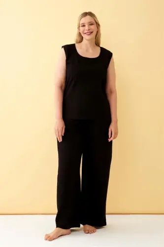 Akbeniz Women Black Linen Jacquard Plus Size Pant Suit - 4