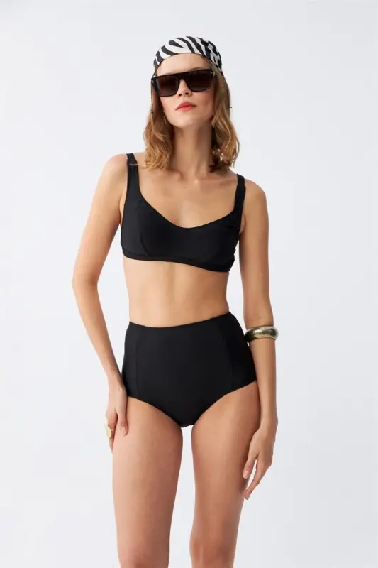 Akbeniz Women Black Padded Square Neck High Waist Bikini Set - 3