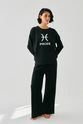 Akbeniz Women Black Pisces Oversize 2 Thread Tracksuit Loungewear Set 