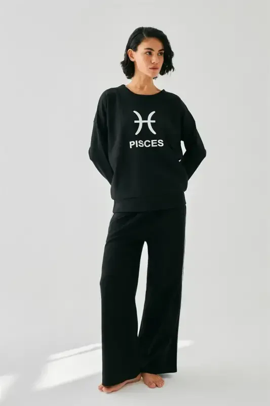 Akbeniz Women Black Pisces Oversize 2 Thread Tracksuit Loungewear Set - 1