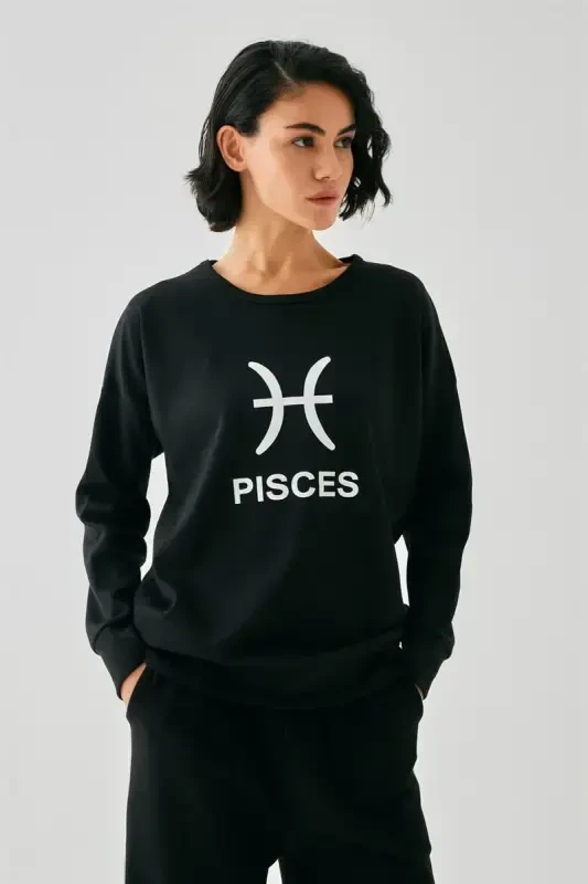 Akbeniz Women Black Pisces Oversize 2 Thread Tracksuit Loungewear Set - 2