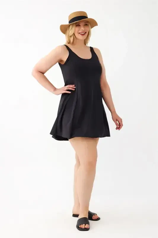Akbeniz Women Black Plus Size Plain Dress Swimsuit - 3